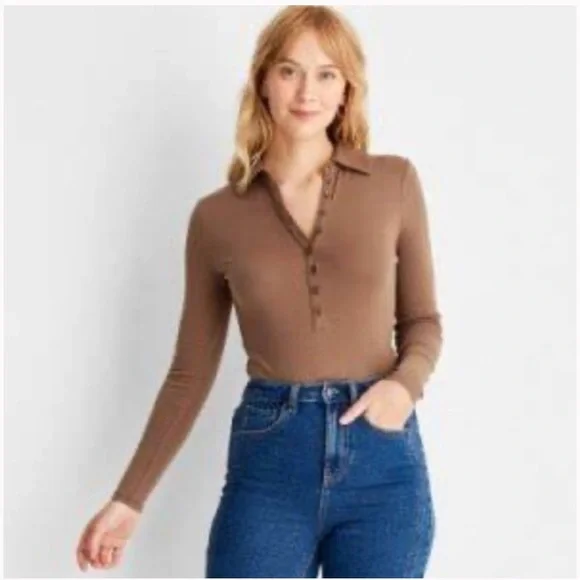 New Future Collective Reese Blutstein Mocha Henley Bodysuit Minimalist Academia - Picture 2 of 9